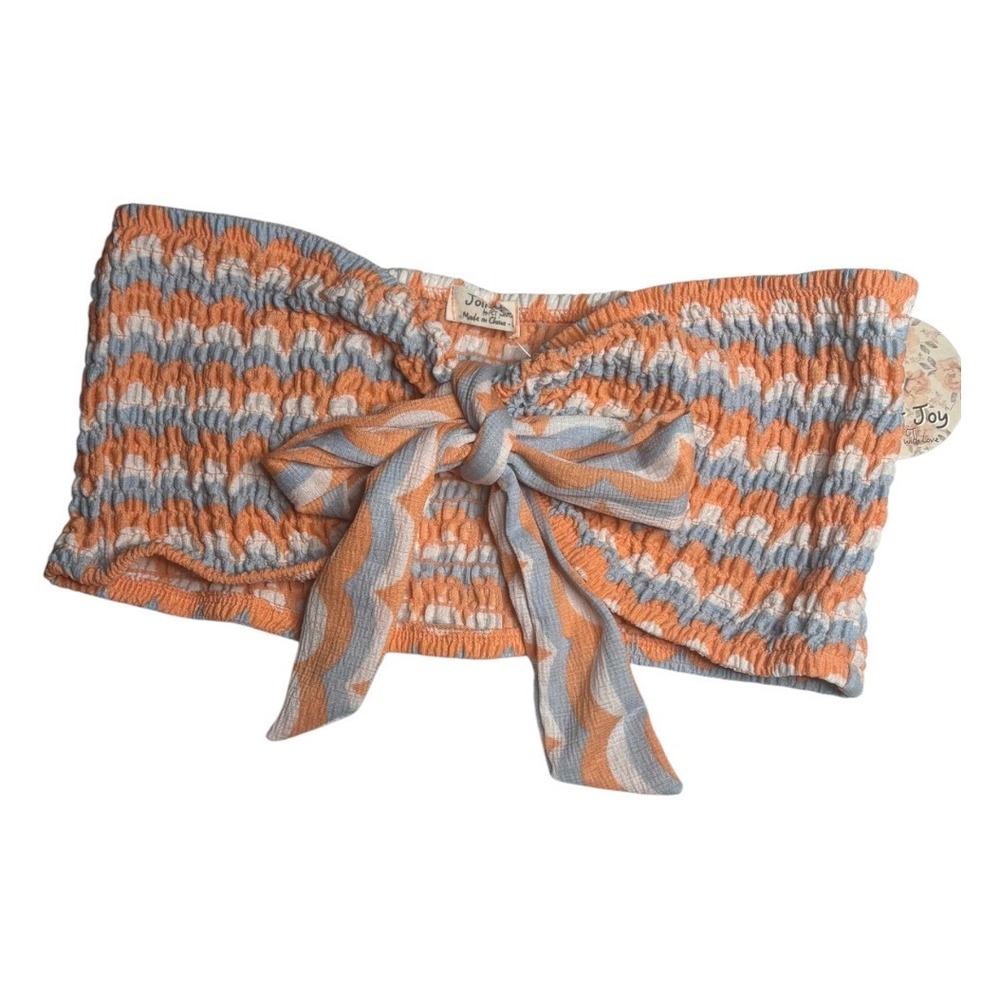 Jolie & Joy Women Orange Blue Smocked Tie Front Bandeau Crop Top NWT Large